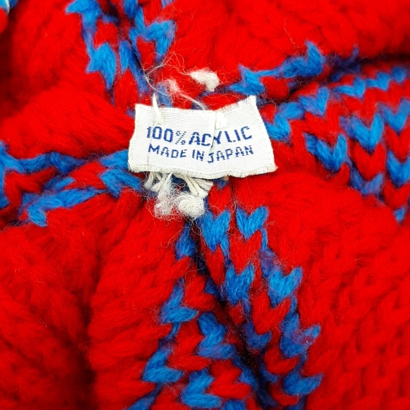 Vintage Handcrafted Knit Beret Tam Hat Unisex One Size Red & Blue Pom Pom Taiwan - Picture 8 of 8